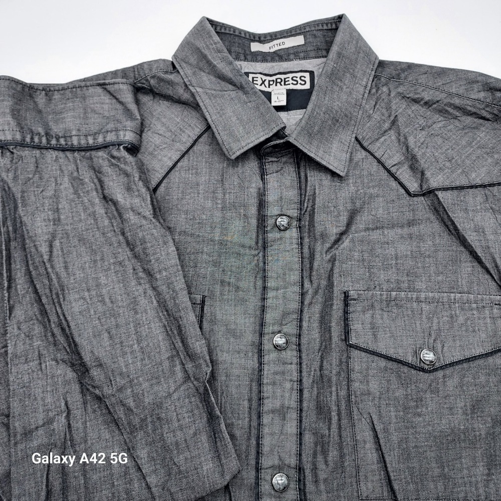 Express Mens‎ Fitted Western Shirt Gray Chambray Pearl Snap Long Sleeve Large